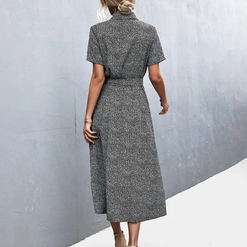 Vista 7 de Vestidos de algodón para mujer estilo casual de verano con botones vintage con lunares cuello y cinturón