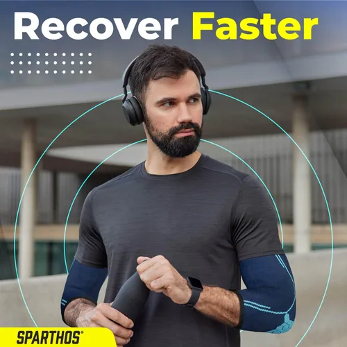 Vista 9 de Sparthos - Par de coderas de compresión, para tenis y golf, para hombre y mujer, fabricadas con una innovadora mezcla elástica transpirable