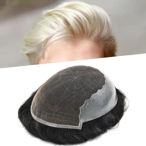 Vista 69 de Toupee para hombres pieza de pelo suave suizo encaje real sistema de cabello humano reemplazo blanqueado nudo mens tupé sistema de pelo para hombres