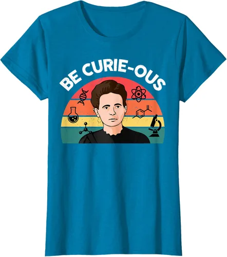 Vista 19 de Camiseta de ciencia para mujer Be Curie-ous Marie Curie Funny Chemist Teacher, Azul Azul Pastel