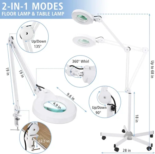 Vista 5 de Lámpara de pie con aumento 10X con 5 ruedas base rodante para esteticistas – 2,200 lúmenes LED regulable luz con lupa, lupa iluminada para leer