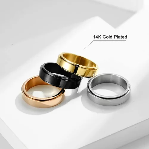 Vista 6 de MOROYA Anillo anti ansiedad chapado en oro de 14 quilates para mujeres y hombres, anillo giratorio de acero inoxidable con caja negra empaquetada