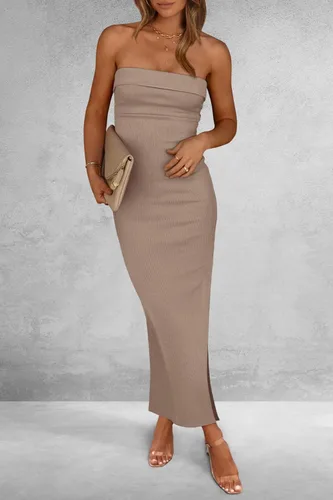 Vista 7 de PRETTYGARDEN Vestido largo de tubo ajustado de verano para mujer, sin tirantes, abertura lateral, largo, elegante, para cóctel, fiesta, boda