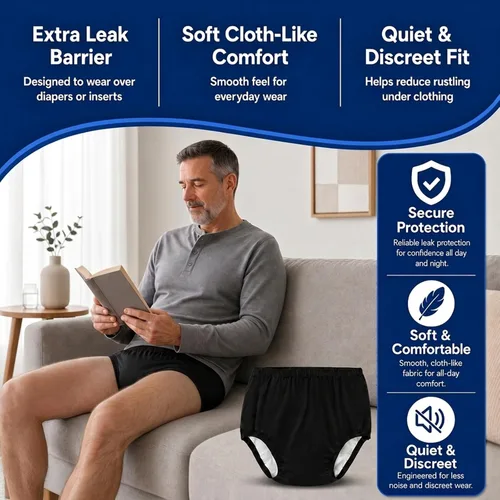 Vista 4 de Funda de pañales para adultos para incontinencia, pantalones de tela de látex activo a prueba de fugas, sin ruido, reutilizables, lavables, Negro