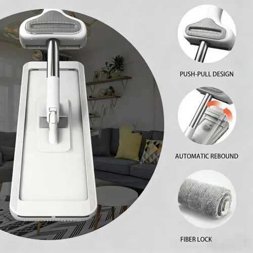 Vista 4 de Trapeador de microfibra plana en seco húmedo para pisos de madera dura 6 almohadillas lavables incluidas, giro de 360°, para azulejos de cocina
