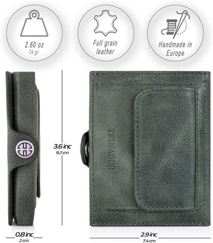 Vista 2 de TRUSADOR Valencia Cartera de piel unisex pequeña compacta bolsillo frontal RFID con bolsillo monedero, Verde, Con bolsillo para monedas
