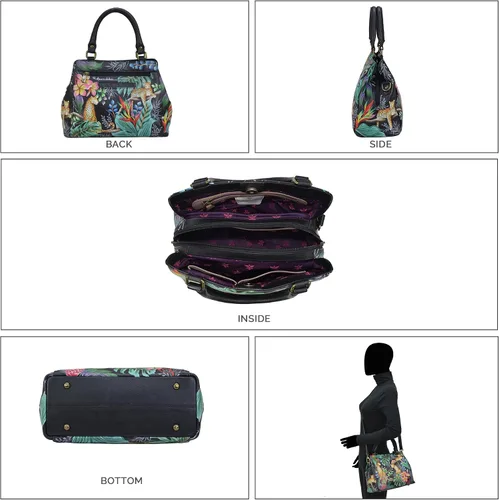 Vista 4 de Anuschka 690 Multi-Compartment Satchel, Womens Hand-Painted Genuine Leather Bag, Upcycled Leather