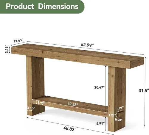 Vista 10 de Mesa consola de madera maciza de 63 pulgadas, mesa de entrada estrecha con estante de almacenamiento de 2 niveles, para pasillo, entrada, sala