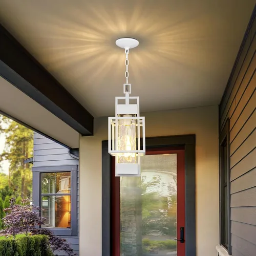Vista 11 de Lámpara colgante de 15 pulgadas para interiores y exteriores, moderna lámpara de araña de metal negro para exteriores, lámpara de techo con vidrio
