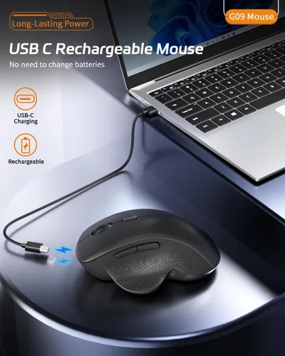 Vista 2 de Uiosmuph Ratón inalámbrico Bluetooth G09, BT5.1 y 2.4Ghz recargable con receptor USB y adaptador tipo C, ratones Bluetooth ergonómicos para laptop