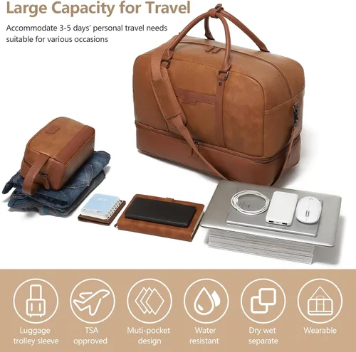 Vista 3 de Wogarl Bolsa de fin de semana para mujeres y hombres, bolsa grande de viaje, Marrón claro, Moda