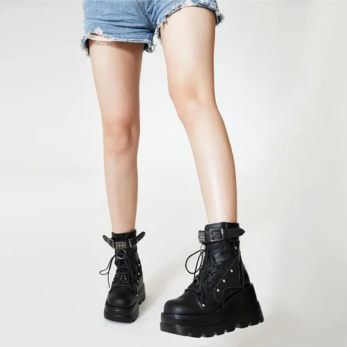 Vista 7 de Tscoyuki Botines de plataforma para mujer, botines de tacón alto gruesos, botas de combate góticas, botas de combate para mujer, con cordones, cuñas