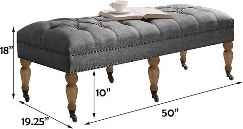 Vista 2 de Rosevera Berta - Tapa tapizada de poliéster con cabeza de clavo rectangular para sala de estar, reposapiés, dormitorio, entrada, banco de tamaño Gris