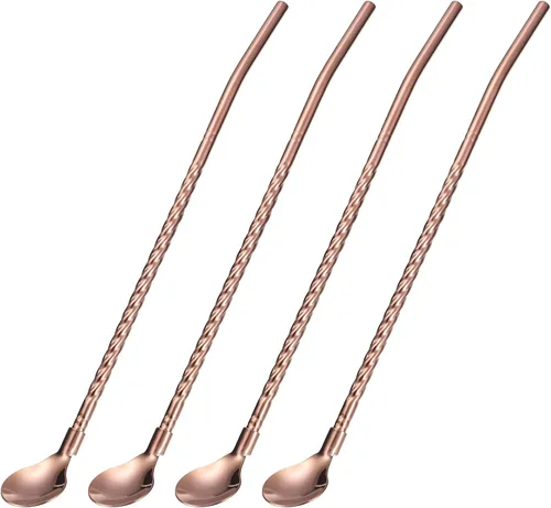 Vista 9 de uxcell Pajitas de cuchara de acero inoxidable, 4 pajitas de metal reutilizables de 8.6 pulgadas con mango largo para batidos y cócteles, color negro