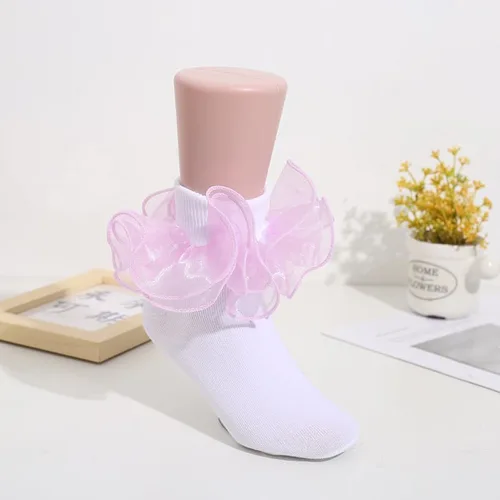 Vista 6 de 2 pares de calcetines con volantes de encaje doble para niñas, calcetines de encaje blanco princesa para niñas pequeñas