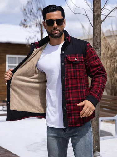 Vista 5 de Zaitun Camisa de franela de pana con forro de sherpa para hombre, chaqueta de manga larga con botones, abrigo de forro polar para hombre con bolsillo