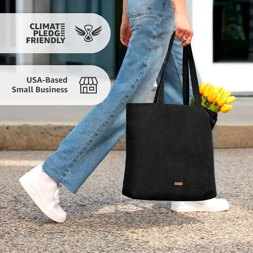 Vista 3 de VANDEL Bolso tote de pana para mujeres y hombres con cremallera y bolsillos interiores. Bolso tote con cremallera, bonita bolsa estética