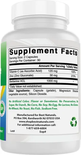 Vista 6 de Best Naturals Berberina Plus 1000 mg por porción, (sin OGM), 60 cápsulas – Contiene berberina HCL 1000 mg, vitamina C 120 mg y gluconato de zinc 30