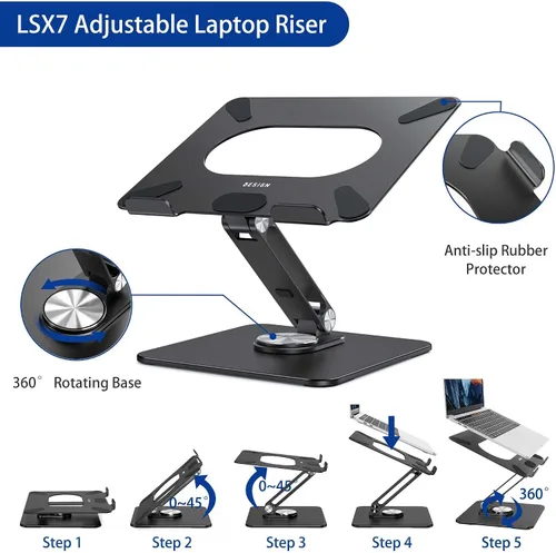 Vista 8 de BESIGN LSX7 - Soporte para laptop con base giratoria de 360°, elevador ergonómico ajustable para portátil, soporte plegable para computadora Negro