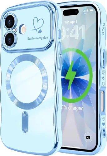 Vista 54 de LCHULLE - Funda magnética para iPhone 13 para mujeres y niñas, con forma ondulada, color azul bebé [Compatible with MagSafe] Cute Curly Wave, Love