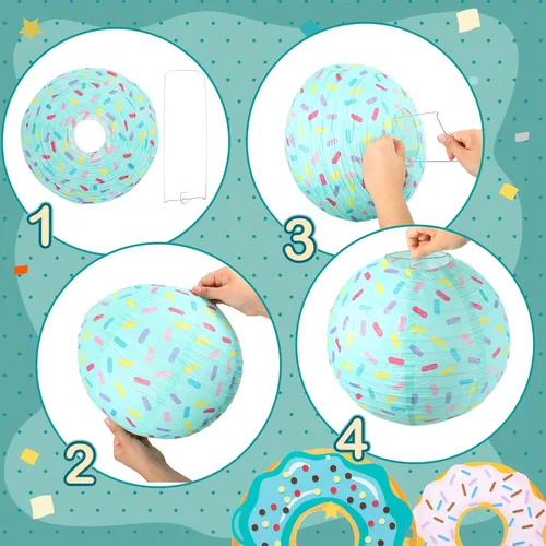 Vista 4 de Hortsun 19 piezas de decoración de fiesta de cumpleaños con forma de dona, faroles colgantes con temática de donas, decoración de papel