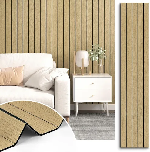 Vista 9 de Paneles de Madera Marrón 3D para Paredes 120" x 12" Paneles de Pared de Listones Acústicos Despegar y Pegar Paneles de Madera Autoadhesivos