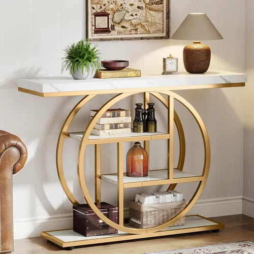 Vista 10 de Tribesigns Mesa de Consola de 41.3", Mesa Industrial de 4 Niveles para Sofá Mesa de Entrada con Base Circular, Mesas de Acento de Madera Estrechas