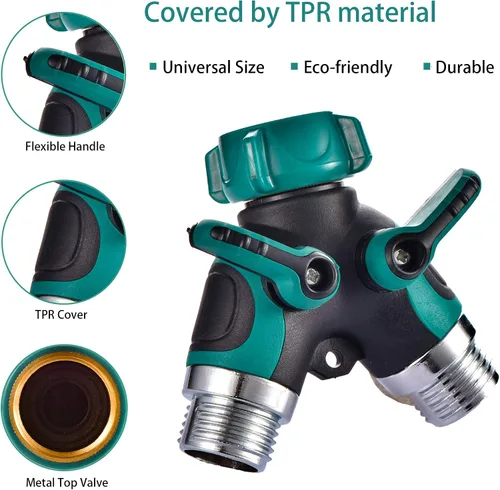 Vista 4 de Divisor de manguera de 2 vías en Y conector con cómodo agarre de goma y parte superior giratoria de 360 ° de conexión rápida para manguera de Verde