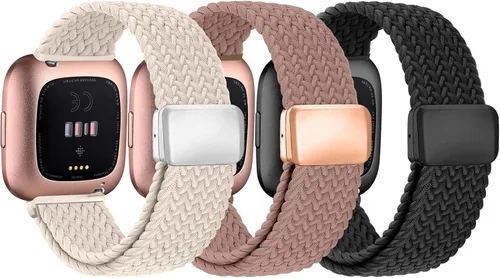 Vista 12 de Paquete de 8 bandas elásticas compatibles con Fitbit Versa 2/Lite/SE para mujeres y hombres, correa trenzada de nailon elástico ajustable Solo Loop