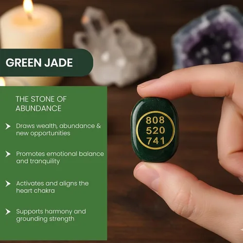 Vista 4 de Jet - Juego de piedras de reiki con símbolo de jade verde energizado, cristal curativo certificado para la suerte, abundancia y dinero, jade