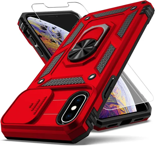 Vista 7 de Funda para iPhone X, iPhone Xs, cubierta de lente de cámara deslizante integrada+soporte de anillo de dedo+protector de pantalla, resistente a Negro