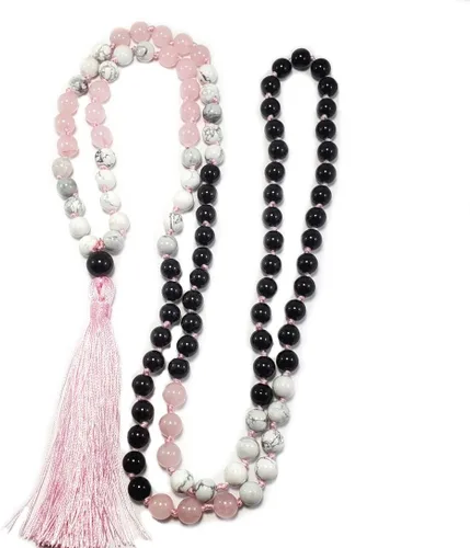 Vista 3 de Balance Mind & Spirit 108 Japa Mala Collar Real Piedras Semipreciosas Ónix Cuarzo Rosa Howlita Turquesa, Anudado a mano Rosa Borla Yoga Meditación