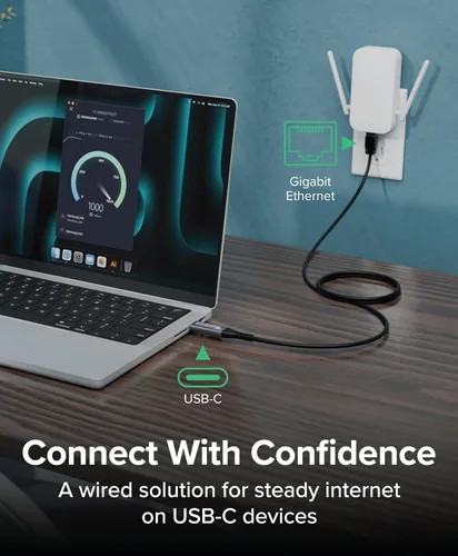 Vista 2 de Plugable Cable USB C a Ethernet: cable Ethernet USBC a RJ45, adaptador de red LAN Gigabit directamente conectado para MacBook Pro, iPad Pro, iPhone