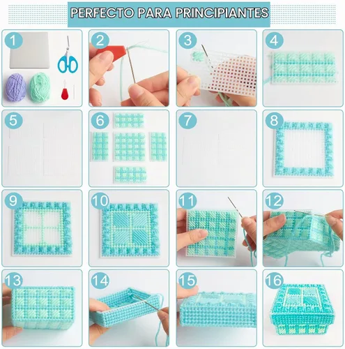Vista 4 de FREEBLOSS Juego de 4 cajas de lona de plástico, kit de lona de plástico para principiantes, hojas de lona de malla e hilo de 6 colores para bordar