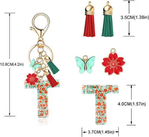 Vista 3 de Llavero de letras iniciales del alfabeto de flores de moda, doble borla, colgante de flor, llavero para bolso, bolsos de mano para mujeres y niñas