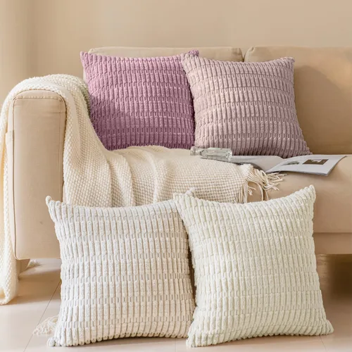 Vista 25 de Juego de 4 fundas de almohada decorativas de pana de 16 x 16 pulgadas, beige y verde Fundas de almohada suaves a rayas estilo bohemio moderno