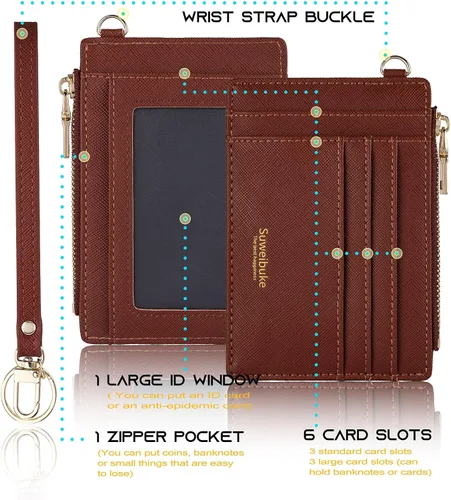 Vista 5 de Wikavanli Funda delgada para tarjetas de crédito con bloqueo Rfid para mujer, cartera con cremallera, cartera pequeña y compacta de cuero
