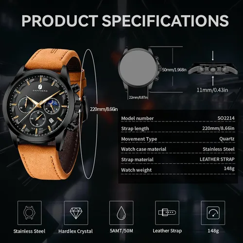 Vista 5 de SAPPHERO Relojes para hombre, cronógrafo, de acero inoxidable, impermeable, cuarzo, para negocios, casual, reloj de vestir para hombre, fecha Negro
