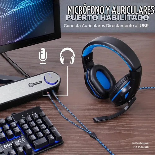 Vista 5 de SonaVERSE UBR barra altavoz para computadora de escritorio con conectores para audífonos y micrófono de fácil acceso por GOgroove, con alimentación