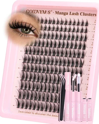 Vista 14 de Goddvenus Manga Lash Racimos de 12-0.551-0.630 in Natural Wispy Fairy Racimos de pestañas 144 extensiones de pestañas en racimo mullidas Anime