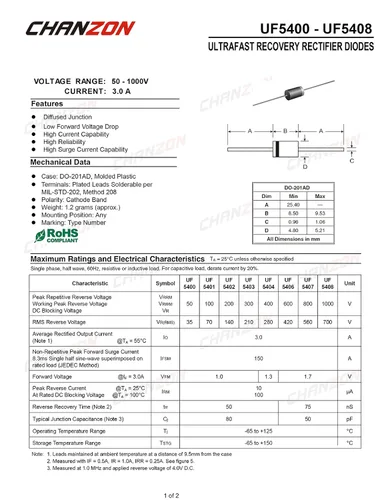 Vista 2 de Paquete de 20 unidades Chanzon UF5404 Diodo Rectificador de Recuperación Ultra Rápida 3A 400V 50-75ns DO-201AD (DO-27) Axial 3 Amp 400 Volt Diodos