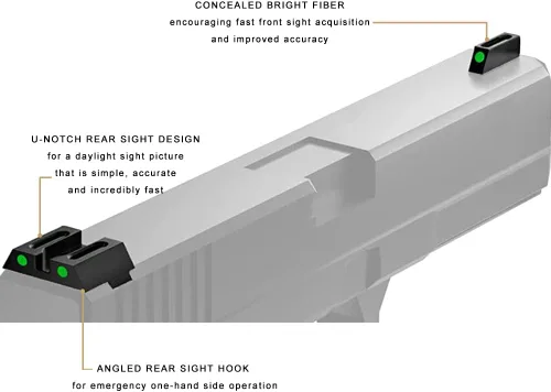 Vista 4 de Miras de fibra óptica sin tritio para Glock 17, 17L, 19, 22, 23, 24, 26, 27, 33, 34, 35, 38 y 39, contorno fotoluminiscente verde para exteriores