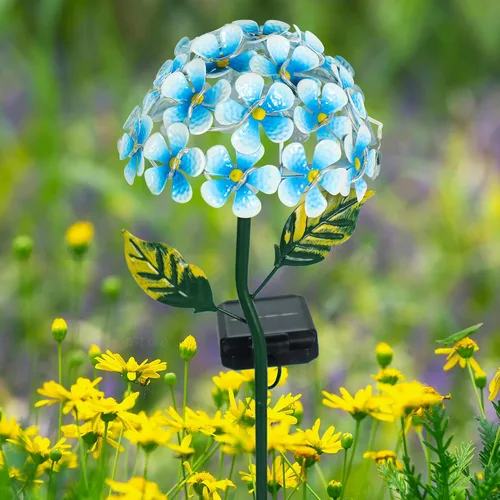 Vista 2 de Hortensia solar con 26 luces LED, estaca de metal para tierra, 3 colores, decoración de estaca de flores para exteriores (azul)