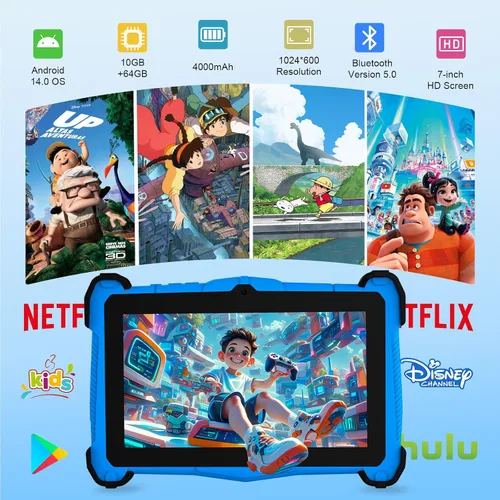 Vista 3 de Tablet Android 15 de 7 pulgadas para niños, 10 GB de RAM 64 GB de ROM, almacenamiento expandible de 1 TB, pantalla de protección ocular, control Azul