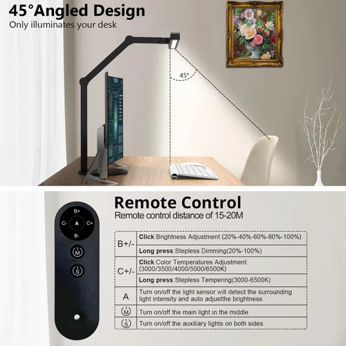 Vista 4 de Micomlan Lámpara de escritorio de arquitecto con control remoto, luz de escritorio LED ajustable para oficina en casa con base, luz de mesa de 24W