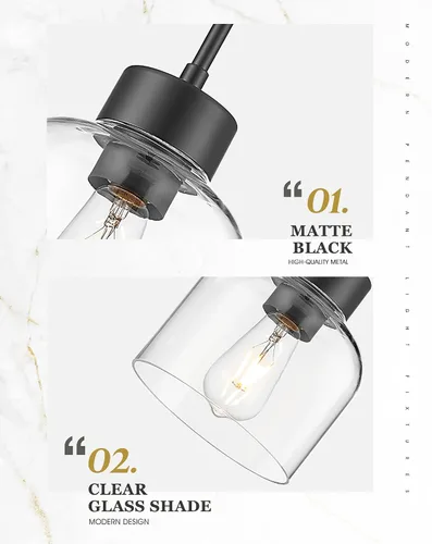 Vista 3 de Luces Colgantes Negras para Isla de Cocina, Accesorios de Luces Colgantes de 7" con Pantalla de Vidrio Transparente, Iluminación Colgante Moderna
