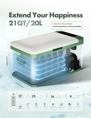 Vista 2 de A-Premium Refrigerador portátil de 12 voltios 21QT/20.1L para auto, enfriador con congelador portátil de enfriamiento rápido -4°F~68°F con 12/24V DC