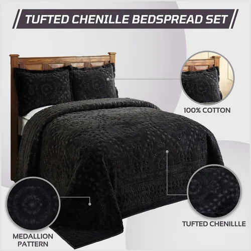Vista 3 de Better Trends 1 colcha de chenilla tamaño matrimonial/doble, ropa de cama de chenilla 100% algodón, patrón de medallón ligero, decoración