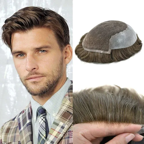 Vista 91 de Toupee para hombres pieza de pelo suave suizo encaje real sistema de cabello humano reemplazo blanqueado nudo mens tupé sistema de pelo para hombres