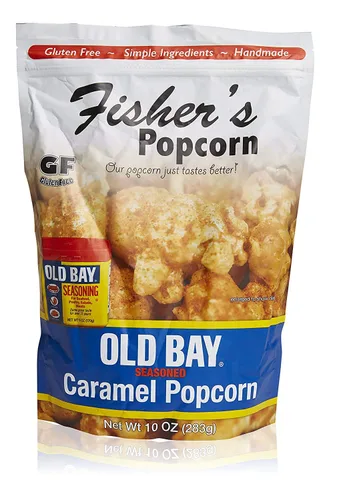 Vista 4 de Fisher's Popcorn Sabor a caramelo sazonado Old Bay Bolsa de 2 onzas Paquete de 12